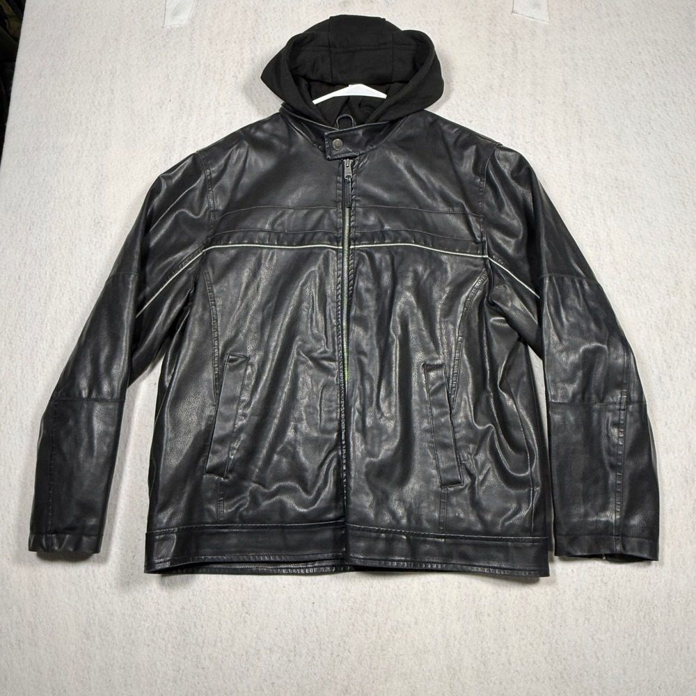Arizona Jean Co Mens XL Faux Leather Hooded Moto Jacket Black Quilted Lining